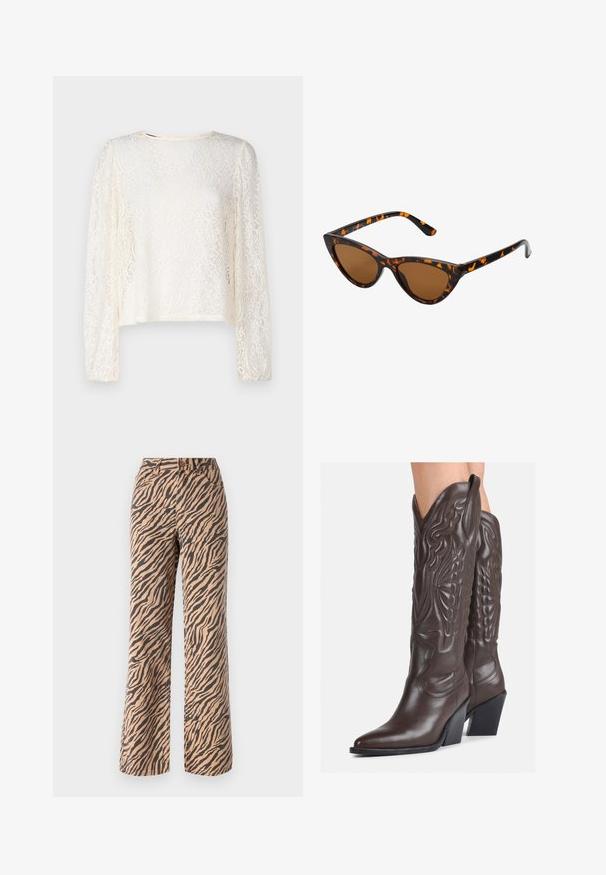 Haut à manches longues en dentelle de couleur blanc cassé avec un col rond. Il présente des motifs floraux délicats et une coupe ample avec des poignets de manches froncés.; Pantalons à jambes larges avec un motif rayé tigre dans des nuances de marron et de noir, dotés d'une taille standard et d'un design à cinq poches.; Bottes de cowboy en cuir marron avec un bout pointu et un talon bloc, présentant des coutures détaillées et des accents en relief sur la tige.; Lunettes de soleil style œil de chat avec une monture en écaille de tortue noire et orange, verres marron et pointes effilées et élégantes. Présente un logo minimaliste sur la branche.