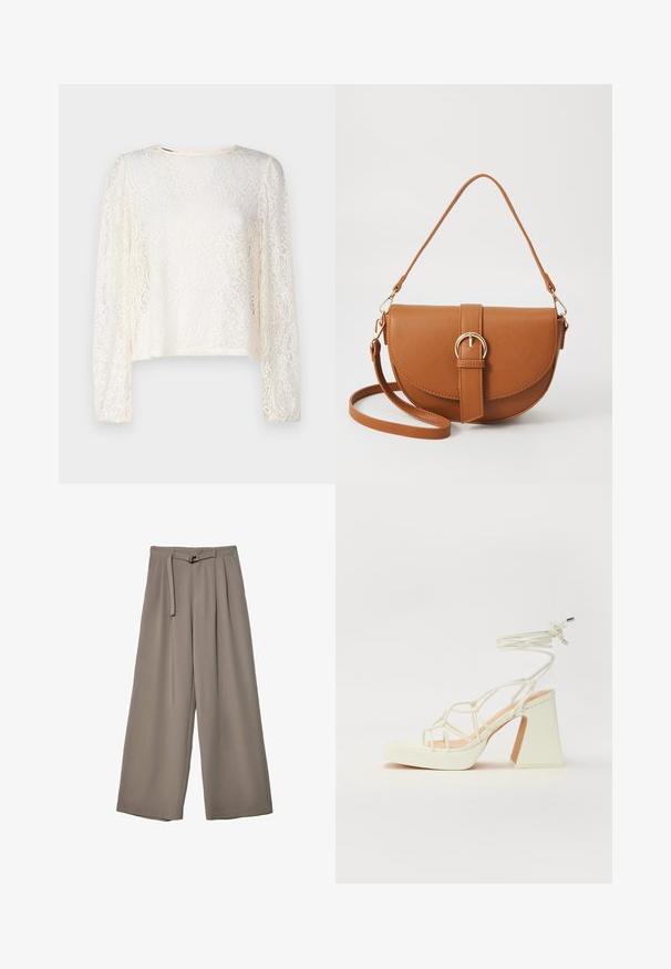 Dlhý rukáv z čipky v krémovej farbe s okrúhlym výstrihom. Má zložitý kvetinový vzor a voľný strih so zhromaždenými koncami rukávov.; Široké nohavice v jemnej, tlmenej šedej tkanine, s opaskom v pase a vreckami pre dodatočný dizajnový detail. Hladký povrch, bez vzorov.; Biele sandále na vysokom opätku s hrubým podpätkom, s pruhovaným dizajnom a viazaním na členku. Hladký povrch s platformou vpredu pre zvýšenú výšku.; Hnedá kožená kabelka cez telo s zakriveným tvarom, zlatými kovovými doplnkami a akcentom s prackou. Obsahuje odnímateľný ramenný popruh.