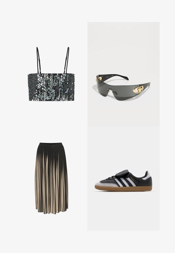 Mango Blouse - grey; Verkorte zwarte t-shirt gemaakt van katoen, met een ontspannen pasvorm, korte mouwen en een geribbelde ronde hals. Geen zichtbare patronen of accenten.; Plissé midi rok in zwart en beige met een hoge elastische tailleband, voorzien van verticale strepen en een vloeiende stijl voor beweging.; Zwarte leren en grijze suède sneaker met witte strepen, rubberen gumzool, veterfrontering en klittenbandsluiting. Uitgerust met "Samba" branding in het goud.; Donkere grijze zonnebril met een slank, gebogen ontwerp. Bevat gouden leeuwaccenten aan de zijkanten en een glanzend zwart frame.