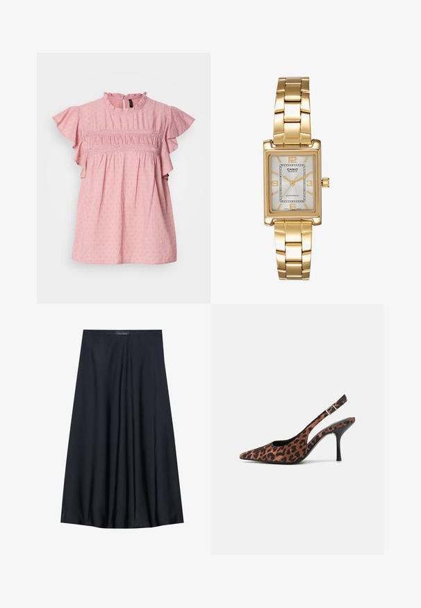Rosa Baumwollbluse mit kurzen Rüschensäumen, hohem Hals und strukturierten Details. Verfügt über Raffung und Spitzenakzente über der Brust.; Schwarzer, knielanger Rock aus leichtem Material mit fließendem Design. Verfügt über eine glatte Textur und subtile Falten für zusätzliche Details.; Leopardenmuster Slingback-High-Heels mit spitzem Zehenbereich, glänzendem schwarzen Absatz und verstellbarem Knöchelriemen. Weiches Material mit strukturierter Oberfläche.; Goldfarbene rechteckige Armbanduhr mit Zifferblatt in Weiß, silbernen Stundenmarkierungen und einem strapazierfähigen Metallarmband. Wasserfest.