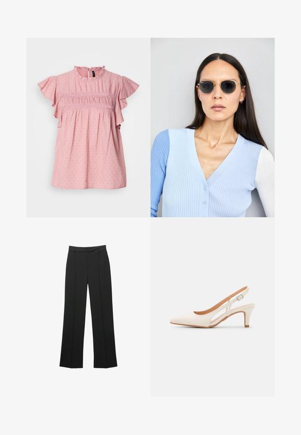 Rosa Baumwollbluse mit kurzen Rüschensäumen, hohem Hals und strukturierten Details. Verfügt über Raffung und Spitzenakzente über der Brust.; Schwarze gerade geschnittene Hose aus glattem Stoff, mit flacher Vorderseite, Gürtelschlaufen und ohne sichtbare Taschen, in maßgeschneiderter Passform.; Weiße Slingback-Absätze mit spitzer Zehenpartie, glattem Obermaterial, niedrigem Blockabsatz und seitlichem Ausschnitt-Design mit verstellbarem Schnallenriemen.; Runde Sonnenbrillen mit dunklen Gläsern und goldenen Rahmen. Das Modell trägt eine hellblaue, gerippte Strickjacke mit Knöpfen und weißen Kontrastärmeln.; Michael Kors Clutch in beige beschichtetem Canvas mit einem wiederholten MK-Logo-Muster, goldfarbener hardware und einem abnehmbaren Kettenriemen.