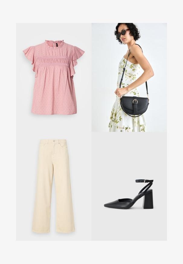 Blusa de algodão rosa com mangas curtas com franzido, um decote alto e detalhes texturizados. Apresenta pregas eacentos em renda ao longo do peito.; Jeans de perna larga bege feitos de algodão. Apresentam um fecho de botão, passadores para cinto e bolsos frontais com uma textura lisa e suave.; Sandal com biqueira afilada em couro preto, com cinta no tornozelo e salto grosso. Textura lisa, design elegante e estética minimalista.; Bolsa de couro preta com forma curva, alça destacável e detalhes em dourado. A bolsa possui uma aba com detalhe de fivela.