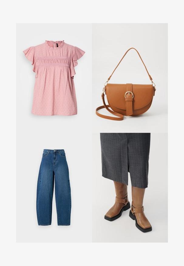 Roza bombažna srajca s kratkimi nabranimi rokavi, visokim ovratnikom in teksturiranimi detajli. Ima nabiranje in čipkaste poudarke po prsih.; Jeans iz denima v srednjem modrem pranju, z visokim pasom, širokim krojem nogavic in standardnim pet-imenskim dizajnom s vidnimi šivi.; Rjave usnjene škornje do kolen s kvadratnim nosom, črnimi gumijastimi podplati in nastavljivim detajlom z zaponko. Oblečeni so z sivo krilnico s črtami.; Rjava usnjena torbica prek telesa s ukrivljeno obliko, zlate opreme in sponko. Ima odstranljiv naramni trak.