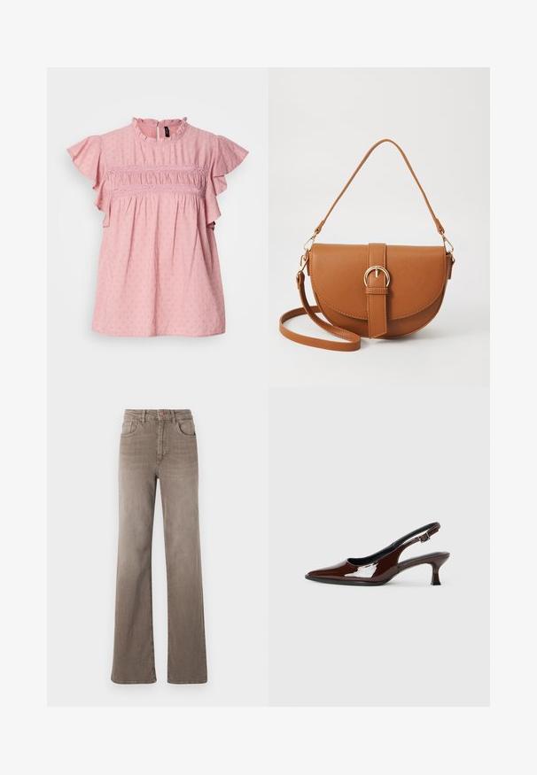 Roosa puuvillane pluus lühikeste volangkäistega, kõrge kaelusega ja tekstuursete detailidega. Rinnaosa kaunistab kogumine ja pitsaktsendid.; Pruunid kõrge vöökohtadega sirged teksad, millel on ees nupp, vöölõngad ja klassikaline viie tasku disain valgel taustal.; Pruun patentnahast slingback tossud terava nina ja mõõduka kandega. Omab pandla rihma kindla istuvuse tagamiseks. Sile tekstuur.; Pruun nahast õlakott, millel on kumer kuju, kullavärvi riistvara ja pandlaga kaunistus. Omab eemaldatavat õlarihma.