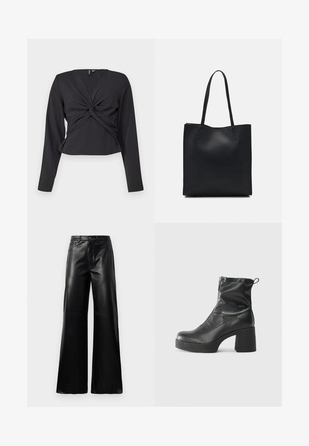 Črna majica z dolgimi rokavi z detajlom zvitega sprednjega dela, prilegajoča zasnova in gladka tekstura. Skrajšana dolžina z V-izrezom.; Črne široke hlače iz umetnega usnja z visokim pasom, sprednjim gumbom, zadrgo, zanke za pas in stranskimi žepi na beli podlagi.; Črne gležnjarje iz gladke kože z božnim zadrgo, masivnim teksturiranim peto in zaobljeno obliko prstov.; Črna usnjena torba s svilnato teksturo, pravokotne oblike in dvema dolgima ročajema. Brez vidnih metalnih delov ali okrasnih elementov.