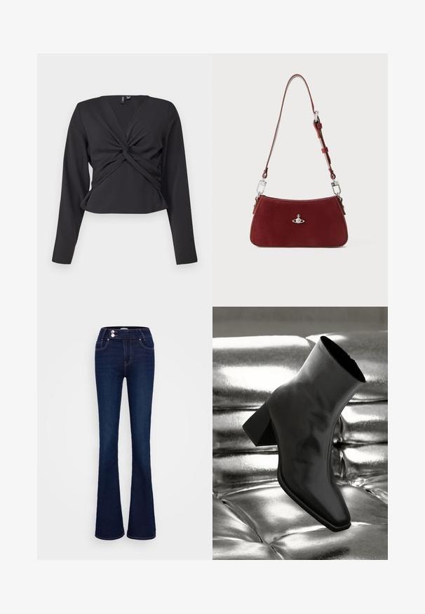 Melns garām piedurknēm top ar pagrieziena priekšpusi, pieguļošs dizains un gluda tekstūra. Īss garums ar V-veida izgriezumu.; Tumši zili plati džinsi ar augstu jostasvietu, divām priekšējām kabatām un diviem pogu aizdariem. Izgatavoti no gludas tekstūras džinsa auduma.; Melnas potītes kurpes, izgatavotas no spīdīga materiāla, ar kvadrātveida purngalu un konusveida papēdi, novietotas uz spīdīga sudraba izšūta fona.; Sarkans zamšs plecu soma ar izliekta formu. Iezīmēta ar sudraba toņa akcentu un regulējamu siksnu ar metāla detaļām. Gluda tekstūra.