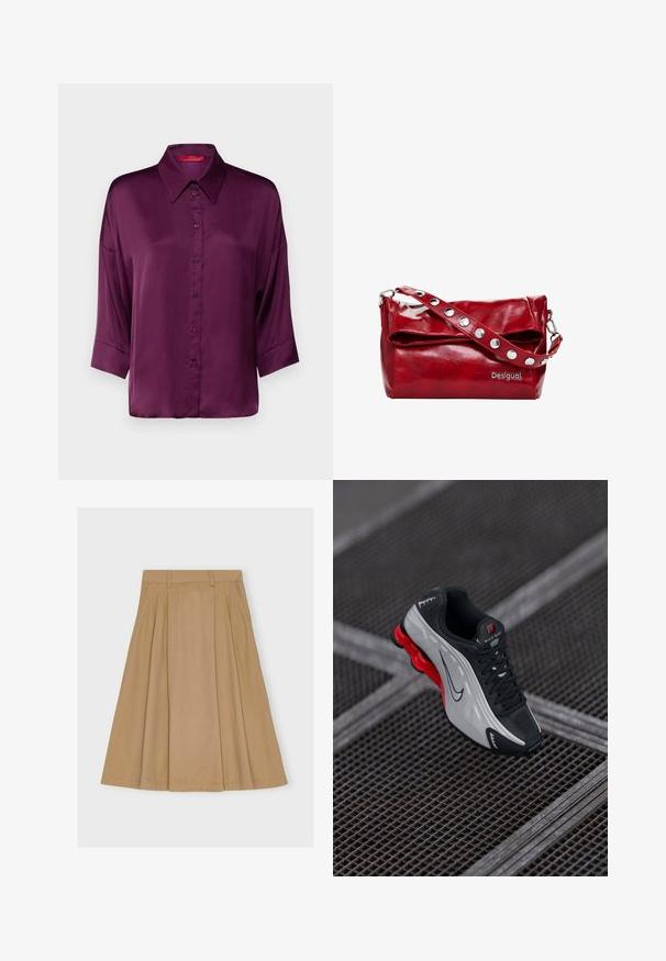 MAX&Co. BEMBO - Gombos blúz - purple; Fehér pamut póló, kerek nyakú, rövid ujjú, középen, a mellkason fekete Nike logóval. Egyszerű és klasszikus dizájn.; Térd középig érő, bélelt szoknya világosbarna pamutból, igényes derékpánttal, övhurkokkal és egyenes szegéllyel.; Fekete és szürke sportcipő piros párnázott talppal, fekete fűzőkkel és swoosh logóval, fémből készült rácsos felületen.; Piros szintetikus bőrből készült válltáska, hajtószárnyú fedéllel, ezüst snap díszítéssel a pánton és nyomtatott "Desigual" logóval.