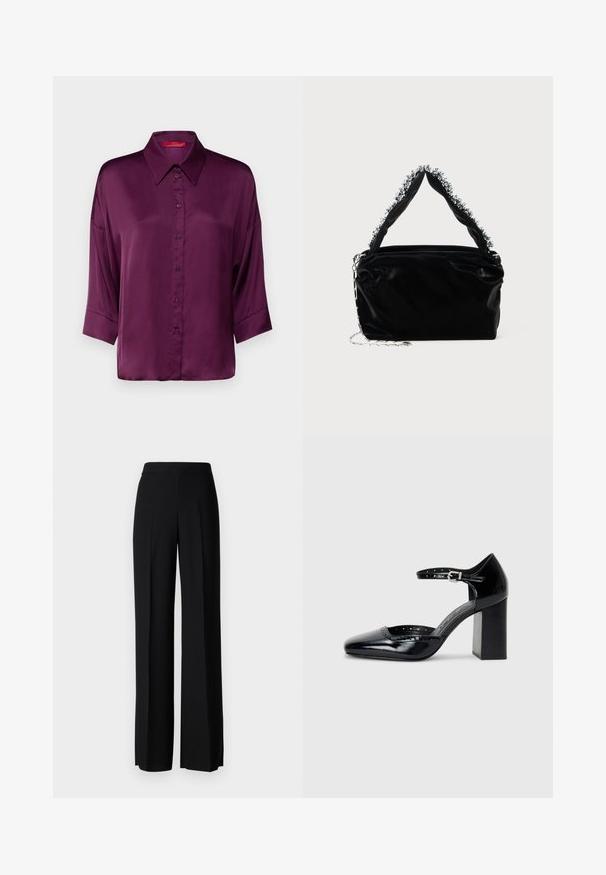 MAX&Co. BEMBO - Overhemdblouse - purple; Zwarte wijde broek met een gladde textuur, voorzien van een hoge tailleband en middelste plooien. Geen zichtbare patronen of hardware-details.; Zwarte lakleren hoge hakken met een vierkante neus, enkelbandje en een chunky hak. Inclusief geperforeerde details langs de rand.; Zwarte nep leren handtas met een gestructureerde afwerking, voorzien van een bewerkte zilveren accent langs de bovenste handgreep en een schouderband van kettingen.