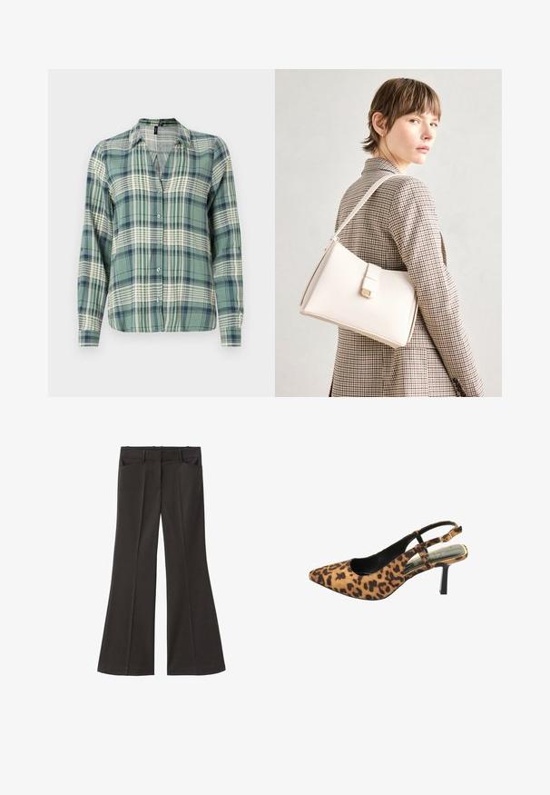 Grün und blau kariertes Hemd mit langen Ärmeln, Knopfverschluss vorne, Kragen, mit einem hellen Karomuster und weicher Stofftextur.; Schwarze, weit geschnittene Hosen mit hoher Taille; verfügt über zwei Fronttaschen und eine glatte Stoffoberfläche. Geeignet für verschiedene Anlässe.; Slingback-Pumps mit Leopardenmuster, spitzer Zehenform, glattem Wildledermaterial und schmalem schwarzen Absatz. Mit goldfarbenem Akzent auf der Einlegesohle.; Weiße Lederhandtasche mit strukturiertem Design, ausgestattet mit einem Magnetverschluss und einem Schulterriemen, präsentiert vor einem neutralen Hintergrund.