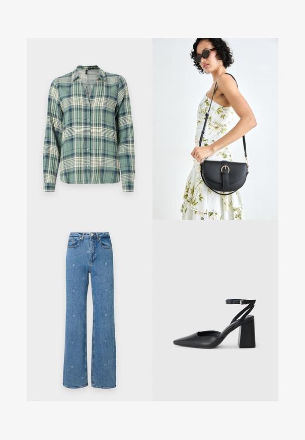 Groen en blauwe geruite shirt met lange mouwen, knoopsluiting aan de voorkant, kraag, met een licht geruit patroon en een zachte stofstructuur.; Blauwe hoge taille rechte jeans met kleine witte bloemenborduursels verspreid over de stof.; Zwarte leren puntige pump met een enkelbandje en een chunky hak. Vlakke textuur, strakke vormgeving en minimalistische esthetiek.; Zwarte leren handtas met een gebogen vorm, afneembare schouderband en gouden hardware. De tas heeft een klep met een gespsluiting.