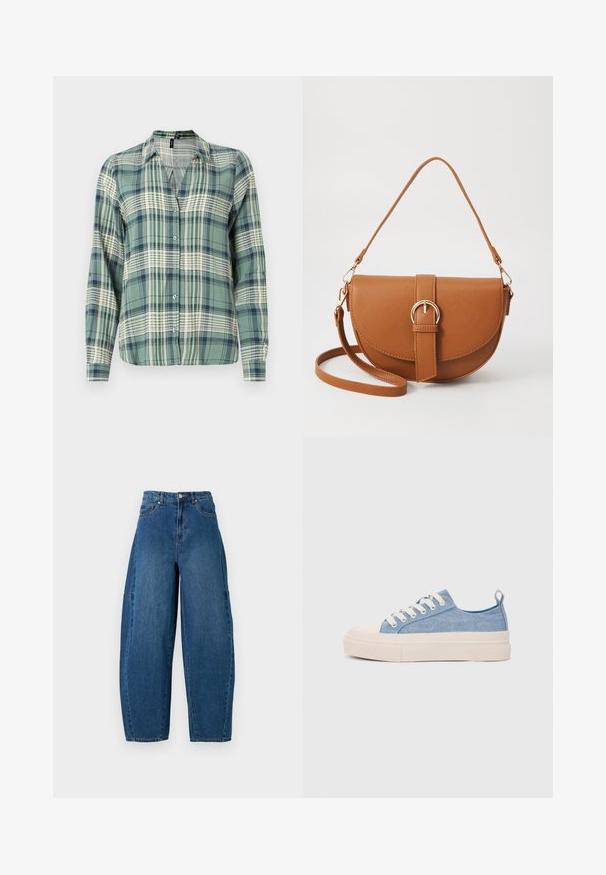 Green and blue plaid shirt with long sleeves, button-up front, collar, featuring a light checkered pattern and soft fabric texture.; Denim jeans in a medium blue wash, featuring a high waist, wide leg cut, and standard five-pocket design with visible stitching details.; Light blue canvas sneakers with a cream rubber toe cap and outsole, featuring white laces and a pull tab on the heel.; Brown leather crossbody bag with a curved shape, gold hardware, and a buckle accent. Features a detachable shoulder strap.