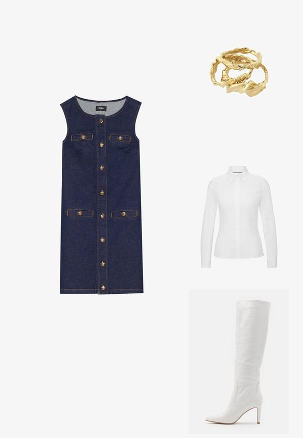 Weißes Langarmhemd aus glattem Baumwollstoff, mit klassischem spitzem Kragen, Knopfverschluss vorne und taillierter Passform mit seitlichen Schlitzen.; Denimkleid mit ärmellosem Design, dunkelblauer Farbe, vorderem Knopfverschluss und zwei Taschen. Details in Goldton und Steppnähte akzentuieren das Kleid.; RAID TRIBUTE - High Heel Stiefel - white; Goldfarbene, verdrehte Ringe, die übereinander gestapelt sind und ein strukturiertes Design mit glatten und gebogenen Kanten aufweisen, was ein organisches, fließendes Erscheinungsbild schafft.