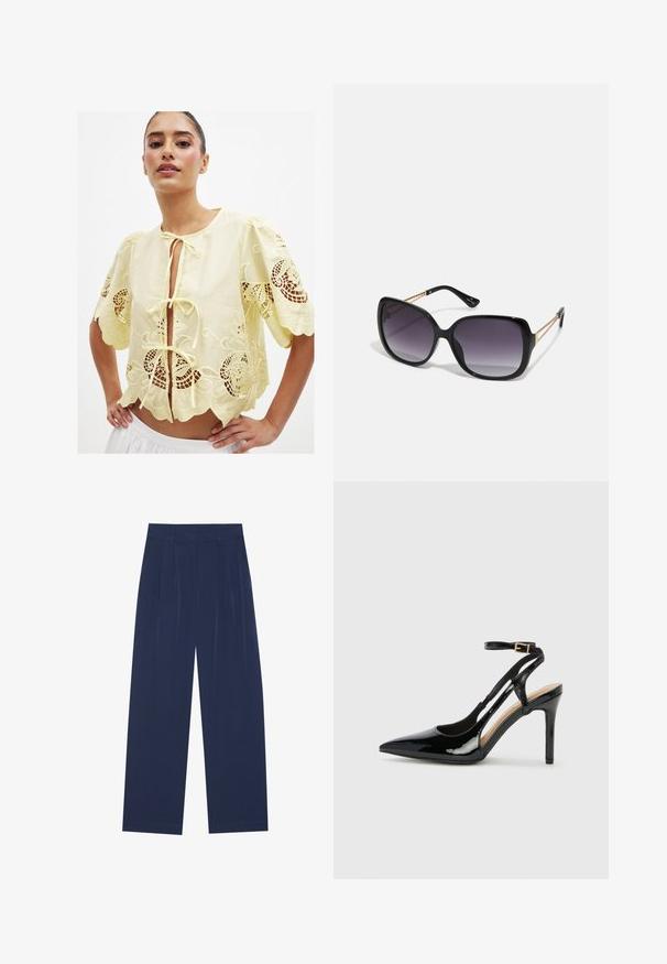 Gelbe bestickte Bluse mit kurzen Puffärmeln, einem Frontband, gewelltem Saum und offenen Spitzenverzierungen. Baumwollmaterial, leichtes Textil.; Himmelblaue Weitbundhosen aus weichem Stoff, mit vorderen Falten, glatter Oberfläche und einem geraden Schnitt ohne sichtbare Taschen.; Schwarze Patentleder-High-Heel-Slingback-Pumps mit spitzem Zeh, verstellbarem Knöchelriemen und offenen Seiten. Glatte Textur.; Schwarze übergroße Sonnenbrille mit getönten Gläsern, dicken Rahmen und goldfarbener Kettendetaillierung an den Bügeln.; Schwarze Handtasche mit strukturierter Form, glatter Textur und einem metallischen Verschluss. Kombiniert mit weiten schwarzen Hosen und offenen Sandalen auf einem Holzboden.