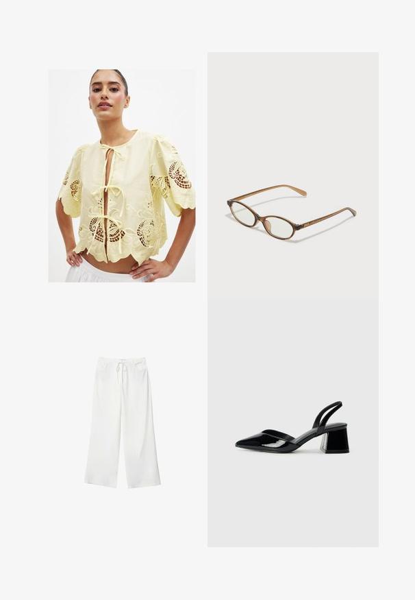 Żółta haftowana bluzka z krótkimi bufkami, wiązaniem z przodu, falbaniastym dołem i otwartymi koronkowymi detalami. Materiał bawełniany, lekka tekstura.; Białe spodnie szerokie z miękkiego materiału, z elastycznym pasem i dwoma przednimi kieszeniami. Gładka tekstura i brak widocznych wzorów.; Czarne lakierowane półbuty na obcasie z wydłużonym noskiem i geometrycznym słupkiem. Charakteryzują się eleganckim, minimalistycznym designem oraz gładką fakturą.; Brązowe okulary w motyle z owalnymi soczewkami, cienkimi ramionami i przezroczystymi akcentami. Posiadają subtelne logo na zauszniku. Smukły, lekki design.; Biała torebka na ramię o fakturowanym wykończeniu, z centralnym akcentem w postaci klamry i zaokrąglonym kształcie. Zapięcia na zamek błyskawiczny po obu stronach.