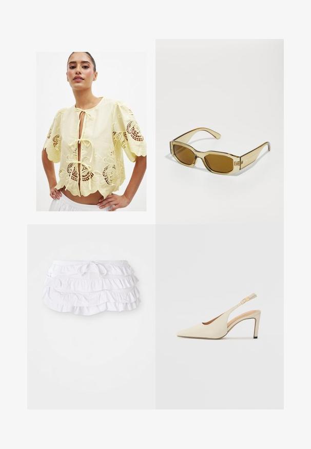 Kollane lühendatud pluus tikandite ja pitsiliste lõigetega. Omadused hõlmavad ees seotud sulgemist, lühikesi paffvarrukasid ja lainelist alumist serva.; Valge volangidega ujumise seelik mitme kihiga, millel on reguleeritav paeltega vöökoht. Pehme kangas sujuva tekstuuriga.; Bež nahkased kõrged kontsad, millel on terav varvas, avatud külje disain ja peen kõrge konts. Omab kuldset aktsenti rihmal.; Selged amberi värvi prillid, millel on ristkülikukujulised läätsed, paksud varred ja läikiv viimistlus, mille küljel on diskreetne logo.; Roosa nahast käekott, millel on kokku tõmmatud ülemine osa, kuldne kettrihm ja logo detail. Kandmise viis on õlal, valge tausta taustal.