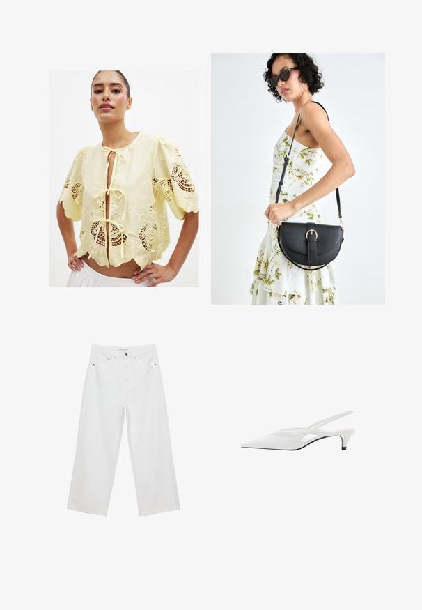 Keltainen kirjailtu paita, jossa on lyhyet puffihihat, etupaino, aaltoileva helma ja avointa pitsikoristusta. Puuvillamateriaali, kevyt rakenne.; Valkoiset leveälahkeiset farkut, joissa on korkea vyötärö. Tämä malli sisältää viisi taskua ja metallisia yksityiskohtia. Kankaan pinta on sileä, ilman näkyviä kuvioita.; Valkeat nilkkaremmikengät, joissa on terävä kärki, sileä päällinen, hienovaraiset aukot ja matala lohkopohja. Musta pohja korostaa muotoilua.; Musta nahkainen käsilaukku, joka on kaareva muotoilultaan, irrotettavalla hihnalla ja kultaisilla yksityiskohdilla. Laukussa on läppä, jossa on solk yksityiskohta.