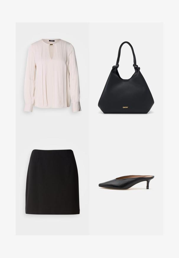 Blouse à manches longues couleur crème avec un décolleté en forme de trou de serrure, des détails plissés sur le devant et des poignets à boutons. Texture de tissu lisse et léger.; Jupe noire avec une silhouette ajustée, fabriquée dans un tissu lisse. Elle présente des plis avant subtils et un design de longueur mi-cuisse.; Mules en cuir noir avec un bout pointu et un petit talon carré. Texture lisse avec un design épuré. Dos ouvert avec un minimum de détails.; Sac fourre-tout en cuir noir avec une finition texturée, des accents de poignées nouées et un logo doré à la base. Présente une silhouette décontractée.
