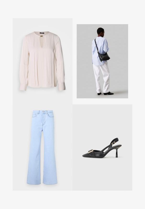 Ilgi piedurkņu krēms blūze ar atslēgvietas kakla izgriezumu, pleita priekšpusi un pogu aproces. Gluda, viegla auduma tekstūra.; Gaiši zili plati džinsi ar augstu vidukli, pieciem kabatām, pogas aizdari un gludu denima tekstūru. Malas ir rūpīgi sašūtas.; Melnas ādas slingback kurpes ar smailu purngalu, slaidu papēdi un zeltītām detaļām uz priekšas daļas. Gluda tekstūra un strukturēts dizains.; Melna ādas plecu soma ar mīkstu tekstūru, trīsstūra formu un regulējamu siksnu, apvienota ar gaiši zilu svītrotu krekli un baltām biksēm.