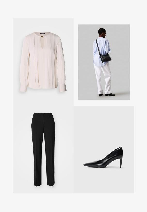 Ilgi piedurkņu krēms blūze ar atslēgvietas kakla izgriezumu, pleita priekšpusi un pogu aproces. Gluda, viegla auduma tekstūra.; Melnas pielāgotas bikses ar taisnu kāju dizainu, kas raksturojas ar gludu faktūru un asiem krokām pa priekšu. Nav redzamu metāla detaļu.; Melnas ādas augstpapēžu kurpes ar norādītu purngali, gludu tekstūru un šauru papēdi. Minimālistisks dizains, bez papildu rotājumiem.; Melna ādas plecu soma ar mīkstu tekstūru, trīsstūra formu un regulējamu siksnu, apvienota ar gaiši zilu svītrotu krekli un baltām biksēm.