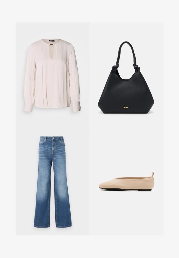Krémová halenka s dlouhým rukávem, klíčovou výstřihem, s plisovaným předním detailem a knoflíkovými manžetami. Hladká, lehká textilie.; Světle modré džíny s širokými nohavicemi a vysokým pasem, které mají pět kapes, poutka na opasek a jemný efekt vyblednutí směrem k lemu.; Béžové kožené baleríny s nízkým profilem, kulatou špičkou a černou gumovou podrážkou, s malým zadním poutkem pro snadnější obouvání.; Černá kožená tote taška s texturovaným povrchem, s uzlíkovými detaily na uchu a zlatým logem na spodní části. Disponuje uvolněným siluetou.