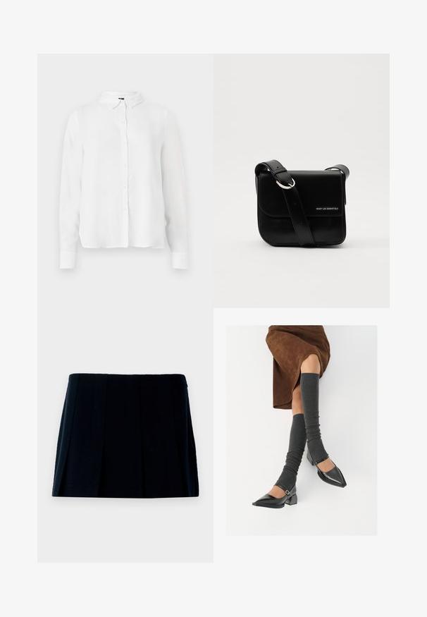 Bílé tričko s dlouhým rukávem, které má zapínání na knoflíky, klasický límec a hladkou látku s mírně volným střihem.; Černá plisovaná mini sukně vyrobená z látky. Má rovný pas a více vertikálních záhybů pro tvar a strukturu.; Černé lakované boty s špičatou špičkou, blokovým podpatkem a kotníkovým páskem, spárované s šedými žebrovanými návleky na nohy a hnědskou sukní z semiše.; WANT Les Essentiels ARCH CROSSBODY UNISEX - Taška s příčným popruhem - black
