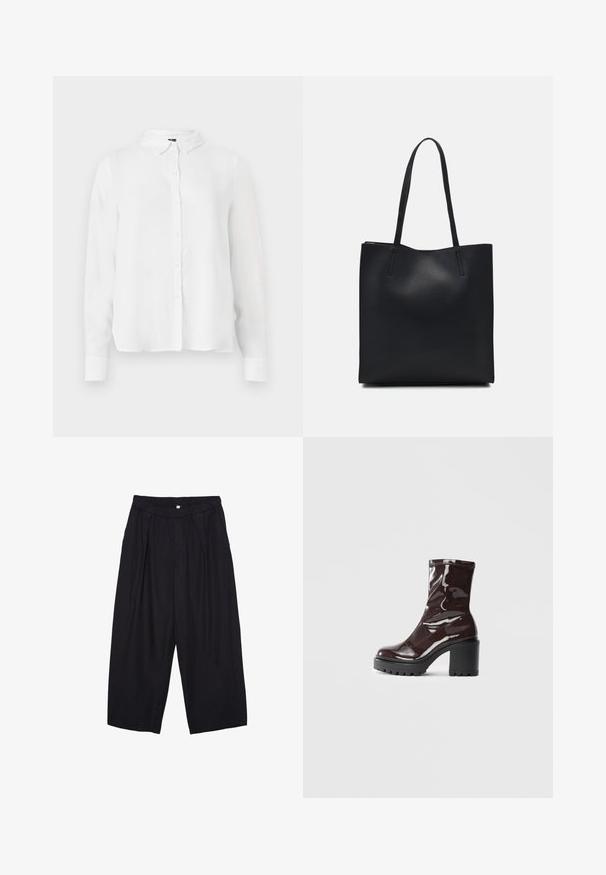 Bela srajca z dolgimi rokavi, ki ima sprednje zaponke, klasičen ovratnik in gladko tkanino s rahlo ohlapnim krojem.; Črne poliesterske culotte hlače z elastičnim pasom, dvema sprednjima nabiranjema in ohlapnim krojem. Brez vidnih vzorcev ali kovinskih detajlov.; Sijajan škrlatank z bleščečim videzom, z masivnim črnim peto, ki se ponaša z gladko teksturo in preprostim dizajnom. Brez vidnih zapenjal ali vzorcev.; Črna usnjena torba s svilnato teksturo, pravokotne oblike in dvema dolgima ročajema. Brez vidnih metalnih delov ali okrasnih elementov.