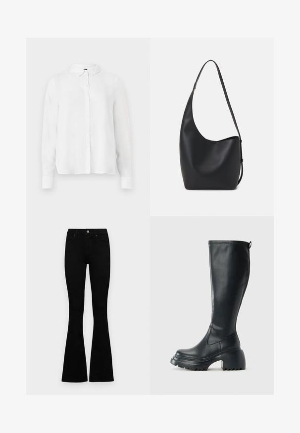 Bílé tričko s dlouhým rukávem, které má zapínání na knoflíky, klasický límec a hladkou látku s mírně volným střihem.; Černé vysoké džíny s knoflíkem a zipovým zapínáním, předními kapsami a rozšířenými nohavicemi, ležící na bílé podložce.; Vysoká černá kožená bota s masivní platformou a blokovým podpatkem, s poutkem a texturovaným vzorkem na podrážce.; Černá kožená hobo taška s hladkým povrchem, zakřiveným tvarem a jedním nastavitelným popruhem; má široké otevírání nahoře.