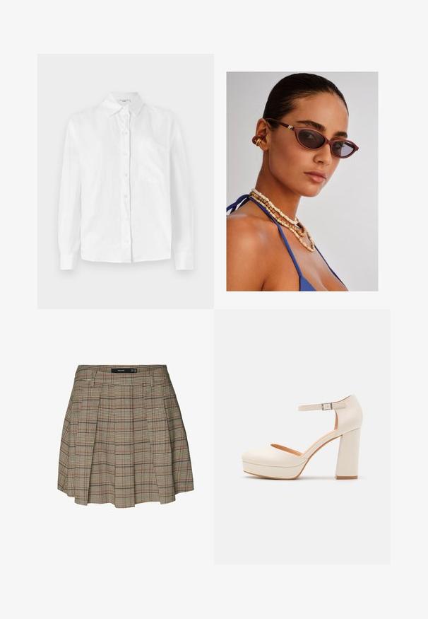 Hvit langermet skjorte med knappestolpe laget av lett materiale, med klassisk krage og en enkelt lommer på venstre bryst.; Vero Moda VMELLIE MITTLERE TAILLE - A-line skjørt - silver mink; Kremfargede plattformhelter med rund tå og justerbar ankelreim. Har en kraftig blokkhæl med en lett tresaccent.; Burgunderfargede katteøyne solbriller med mørke linser, intrikate brune perlekjeder, og en blå stoffoverdel. Glatt hud med en naturlig finish.