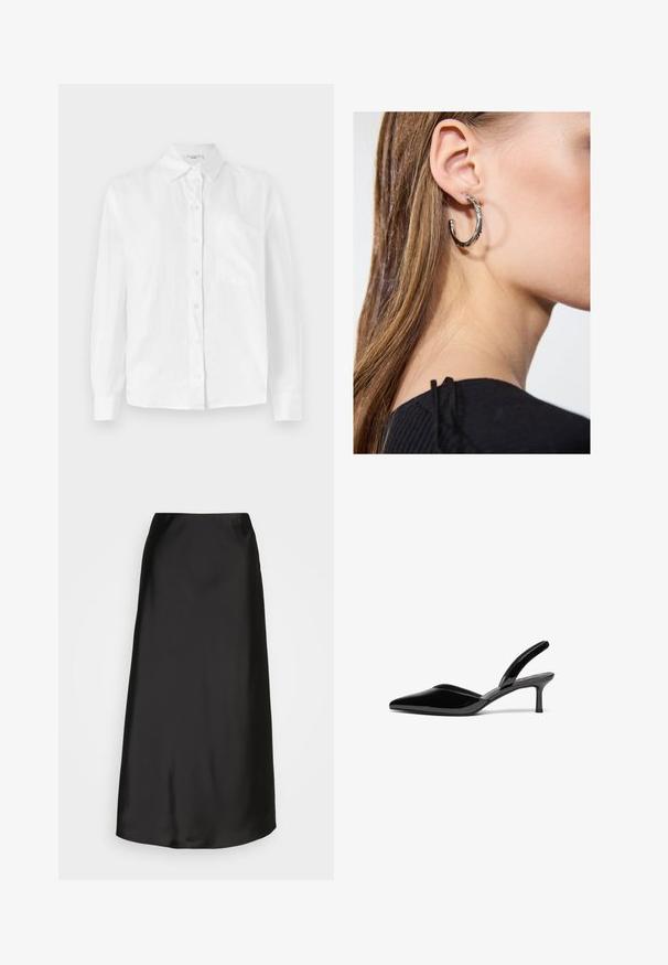 Valkoinen pitkähihaan nappipaitakosketin, joka on valmistettu kevyestä kankaasta, ja siinä on perinteinen kaulus sekä yksi rintatasku vasemmalla puolella.; Mustat satiini-midi-hameet, joissa on sileä pinta, A-linjainen malli ja hienovarainen kiilto. Ominaisuudet sisältävät tyylikkään, yksinkertaisen muotoilun ilman koristeluja.; Musta patentoitu nahka slingback-korkokengät, joissa on terävä kärki, matala stiletto-korko ja tyylikäs, yksinkertainen muotoilu ilman koristeita.; Hopea renkaankorvakoru kiiltävällä pinnalla, jossa on pieniä kultaisia yksityiskohtia ja pyöreä muoto, käytetty korvalla.