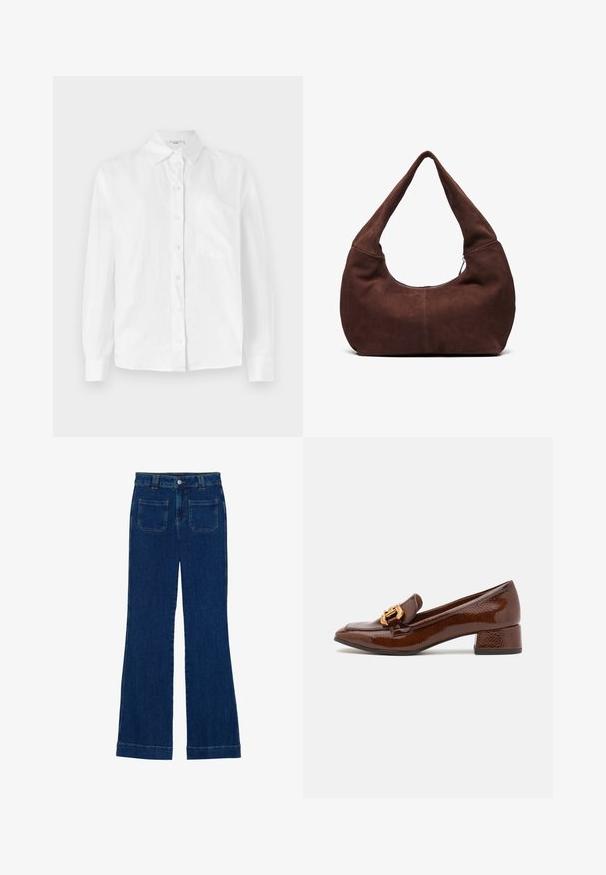 White long-sleeve button-up shirt made of lightweight fabric, featuring a classic collar and a single patch pocket on the left chest.; Denim flared jeans in dark blue with a smooth texture, five-pocket design, and a button closure at the waist.; Brown leather loafers with a glossy finish, featuring a decorative gold buckle on the front and a low block heel. Classic design.; Brown suede hobo bag with a curved, wide handle and a large opening. Soft texture with visible stitching detailing along the edges.