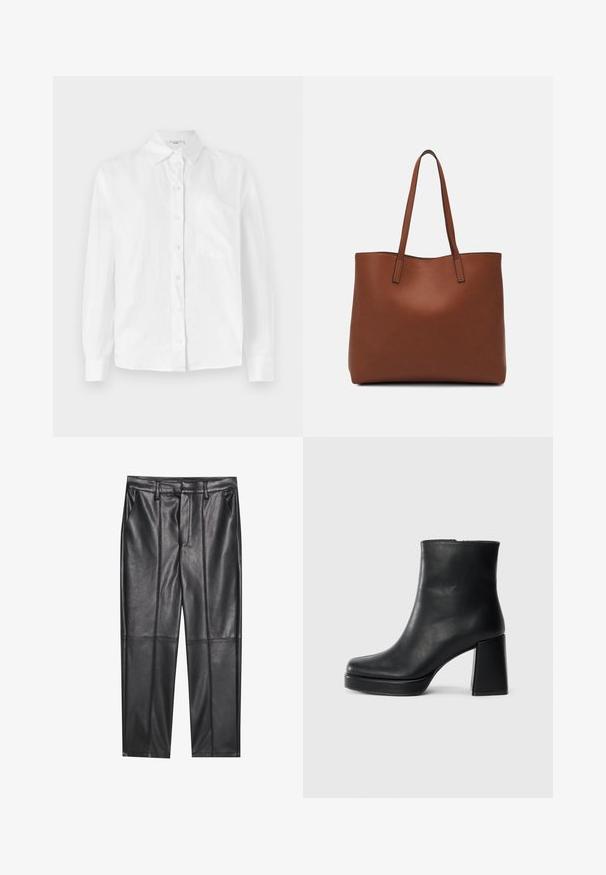 Fehér, hosszú ujjú, gombos ing könnyű anyagból, klasszikus gallérral és egyetlen folt zsebével a bal mellen.; Fekete bőrnadrág sima textúrával, egyenes szabással, két elülső zsebbel és látható varrás részletekkel.; Fekete bőr bokacsizma tömbsarkal és platform talppal, oldalról nézve, sima fehér háttéren.; Barna bőr vászontáska sima textúrával, nyitott tetejű dizájnnal és két vállpánttal. Minimális varrással és látható hardver nélkül készült.