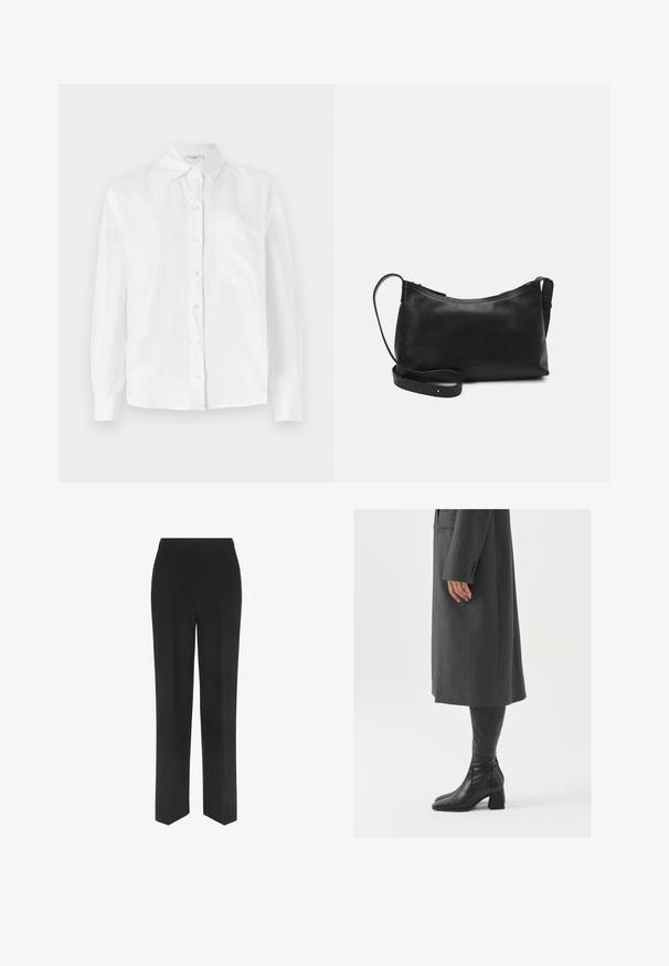 White long-sleeve button-up shirt made of lightweight fabric, featuring a classic collar and a single patch pocket on the left chest.; Black trousers with a straight leg design, featuring a simple waistband and no visible pockets, displayed against a white background.; Gray, tailored overcoat with a straight cut; paired with knee-high black leather boots featuring a square toe and chunky heel.; Black leather shoulder bag with a smooth texture, curved shape, adjustable strap, and a zip closure. Minimalist design without embellishments.