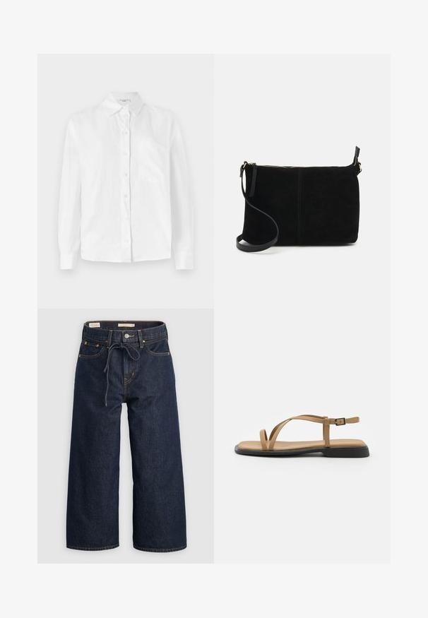 White long-sleeve button-up shirt made of lightweight fabric, featuring a classic collar and a single patch pocket on the left chest.; Dark blue wide-leg denim jeans with a drawstring waistband, front pockets, and contrasting orange stitching details.; Tan flat sandal with two thin straps crossing over the foot and a buckle ankle strap. Features a smooth leather-like upper and a black sole.; Black suede crossbody bag with a zip closure, flat rectangular design, and a detachable strap for versatility. Smooth texture, minimalist style.