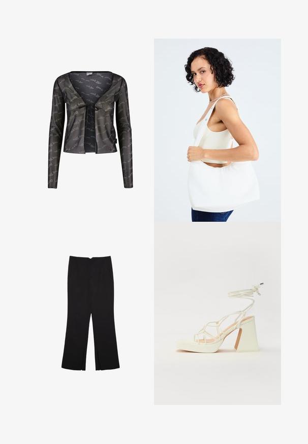 Črn prosojen kardigan z dolgimi rokavi, globokim V-izrezom, zapiranjem na vezalko in celovitim vzorcem logotipa "Karl Kani".; Črne hlače ravnega kroja z naglavnimi žepi in stranskimi razporki na robu. Narejene iz mehke, gladke tkanine. Primerne za različne priložnosti.; Bela sandala na visokih petah s debelim petam, ki ima obliko trakcev in vezanje okoli gležnja. Gladka tekstura z platformo spredaj za dodatno višino.; Bela torba za ramena, izdelana iz gladkega materiala, z ovalnim izrezom in širokim trakom. Preprosta in sodobna, brez vidnih kovinskih delov.