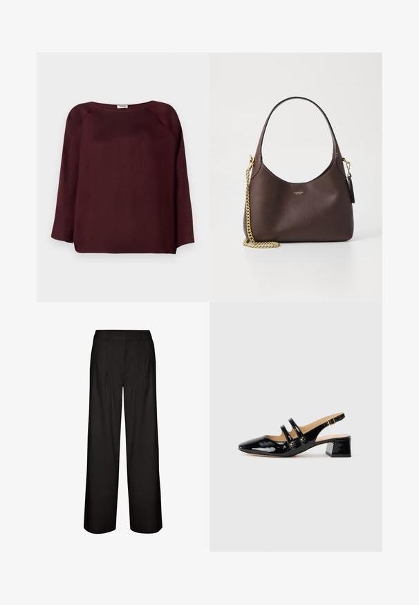 Burgunderfarbene Bluse mit langen Ärmeln, weitem Ausschnitt, weichem Stoff, überschnittenen Schultern und geradem Saum. Geschmeidige Textur, keine sichtbaren Muster.; Schwarze weit geschnittene Hosen mit Falten, aus leichtem Stoff. Sie haben eine glatte Textur und einen geraden Schnitt vom Bund bis zu den Bündchen.; Schwarzer lacklederner Slingback-Schuh mit spitzem Zehenbereich, zwei Riemendetails, goldenen runden Akzenten und niedrigem Blockabsatz.; COACH BROOKLYN SHOULDER BAG 23 - Handtasche - maple