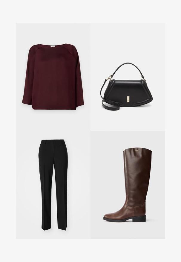 Blusa burdeos de manga larga con un escote amplio, tejido suave, diseño de hombros caídos y un dobladillo recto. Textura lisa, sin patrones visibles.; Pantalones negros ajustados con un diseño de pierna recta, que presentan una textura suave y pliegues nítidos en el frente. Sin herrajes visibles.; Bota de cuero marrón hasta la rodilla con un acabado suave, punta redondeada y un tacón bajo tipo bloque. Presenta un sutil detalle de costura y un logo en la parte superior.; Bolso de mano de cuero negro con un diseño estructurado, que presenta una forma recortada, asa superior y acentos en dorado. Correa de hombro ajustable incluida.