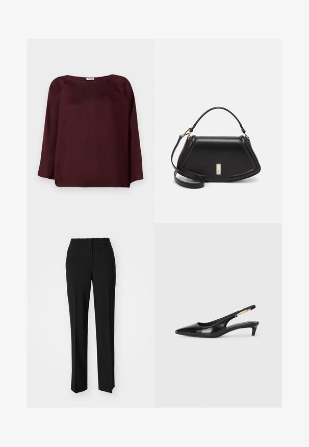 Burgundy long-sleeve blouse with a wide neckline, soft fabric, drop shoulder design, and a straight hemline. Smooth texture, no visible patterns.; Black tailored trousers with a straight-leg design, featuring a smooth texture and crisp creases along the front. No visible hardware.; Black leather slingback heels with a pointed toe, featuring a slim heel and a gold-tone accent on the adjustable strap. Smooth texture.; Black leather handbag with a structured design, featuring a cropped shape, top handle, and gold hardware accent. Adjustable shoulder strap included.
