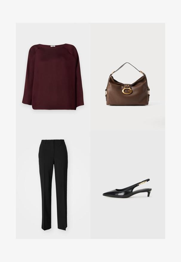 Bluză lungă burgundy cu mânecă lungă, decolteu larg, dintr-un material moale, cu un design cu umeri căzuți și tiv drept. Textură netedă, fără modele vizibile.; Pantaloni negri tailor-ed cu un design drept, având o textură fină și cute clare pe față. Fără elemente de prindere vizibile.; Sandale slingback din piele neagră cu vârf ascuțit, având un toc subțire și un accent de culoare aurie pe curea ajustabilă. Textură netedă.; Geantă de umăr din piele maro cu un finisaj texturat, având un închizător din metal de culoare aurie și un singur mânere curbat.