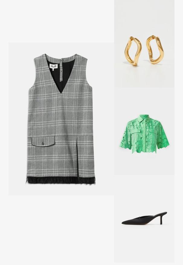 Green short-sleeve shirt featuring floral cut-out design, button-up front, two chest pockets, and a neat collar. Smooth texture.; Gray plaid sleeveless dress with a V-neck, side pocket, and lace trim at the hem. Features a black lining and button closure at the back.; Black pointed-toe mule with a sleek design, made of smooth fabric, featuring a slender heel and open back for easy wear.; Gold-colored hoop earrings with a curved, irregular shape and a smooth, polished texture. No visible hardware or accents.