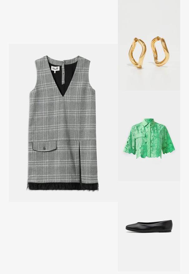 Green short-sleeve shirt featuring floral cut-out design, button-up front, two chest pockets, and a neat collar. Smooth texture.; Gray plaid sleeveless dress with a V-neck, side pocket, and lace trim at the hem. Features a black lining and button closure at the back.; Paul Smith TOPANGA - Ballet pumps - black; Gold-colored hoop earrings with a curved, irregular shape and a smooth, polished texture. No visible hardware or accents.