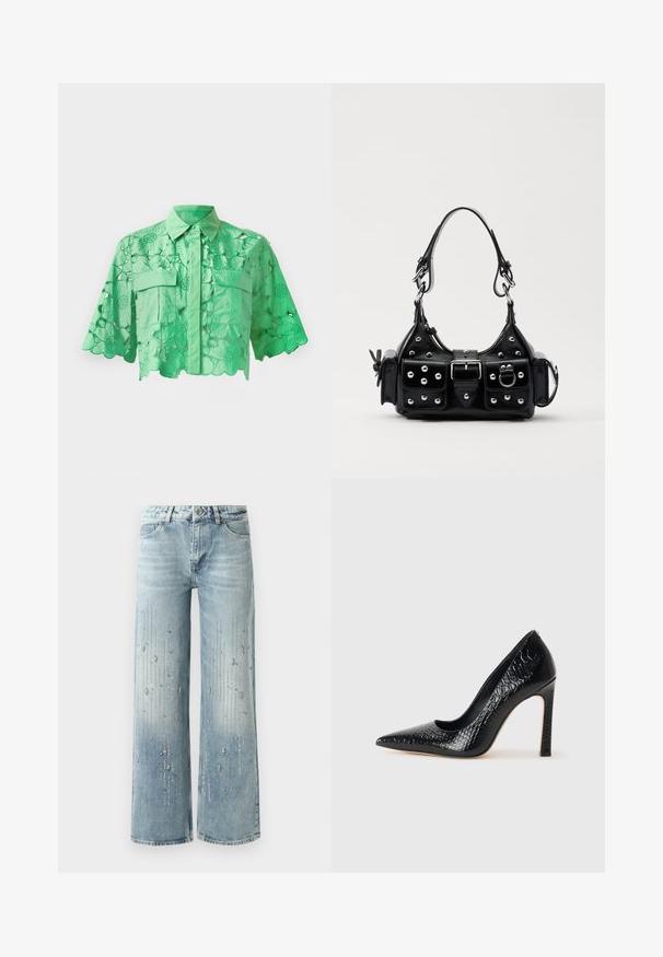 Camicia verde a maniche corte con design a fiori ritagliato, chiusura con bottoni davanti, due tasche sul petto e un colletto ben rifinito. Tessuto liscio.; Jeans larghi di denim di colore azzurro chiaro, con un effetto sfumato e decorazioni di strass argentati disposti in un motivo verticale.; Scarpa nera con punta a punta alta in pelle di coccodrillo, caratterizzata da un design elegante, alto tacco a spillo e interno nero liscio.; Borsa a mano in pelle nera con design curvo, caratterizzata da borchie argentate, una fibbia e due tasche laterali. Tracolla regolabile per diverse opzioni di trasporto.