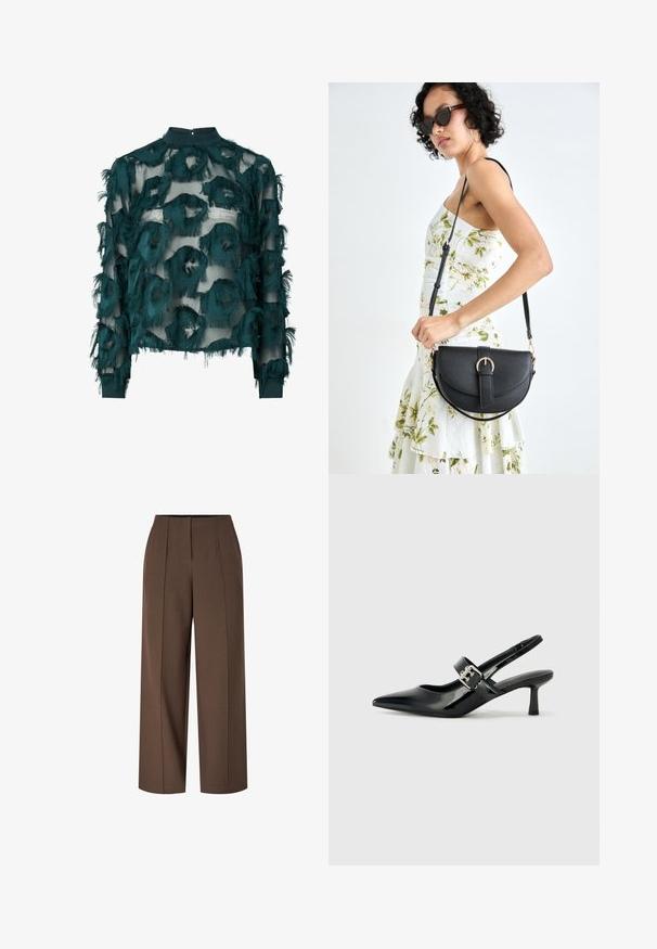 Blusa trasparente in teal con motivi circolari testurizzati e sfrangiati, scollatura alta e maniche lunghe con orlo dritto. Chiusura a chiave sul retro.; Pantaloni larghi a vita alta marroni con pieghe frontali e chiusura con zip invisibile sul davanti.; Décolleté neri in vernice con punta affilata e tacco a blocco piccolo, dotati di un accentuato con fibbia argentata sulla cinturino.; Borsa a tracolla nera in pelle con una forma curva, manico rimovibile e accessori dorati. La borsa presenta una patta con un dettaglio a fibbia.