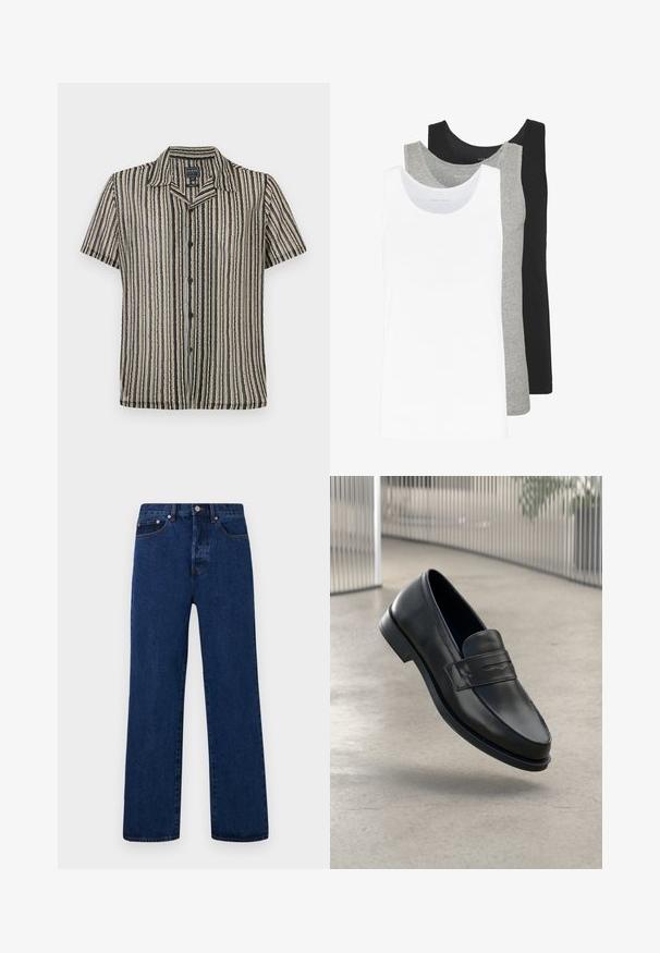 Krátký rukáv, košilový vršek s pruhovaným vzorem v tlumených tónech béžové, černé a šedé. Obsahuje límec typu camp a volný střih.; Tři tílka v bílé, šedé a černé barvě. Každé má klasický bezrukávový design, je vyrobeno z lehkého bavlněného materiálu s žebrovanou texturou.; Tmavě modré džíny v rovného střihu, s oranžovým šitím, knoflíkovým zapínáním a dvěma předními kapsami s kontrastními nýty.; Černá kožená mokasína s hladkou texturou, špičatou špičkou a ozdobným páskem přes nárt. Lehká podrážka, minimalistický design.