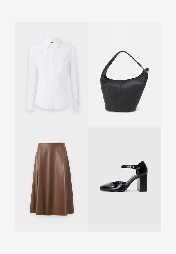 Balta garām piedurknēm krekls ar norādītu apkakli, priekšējo pogu aizdari un pieguļošu piegriezumu. Viegla kokvilnas auduma ar smalkiem šuvju akcentiem.; Brūna ādas A-veida svārki ar gludu tekstūru un vidēju garumu. Iezīmēts ar piegulstošu jostasvietu un nelielu izplešanos no gurniem.; Melna lakota ādas augstpapēžu kurpes ar kvadrātu purngalu, potītes siksniņu un masīlu papēdi. Iekļauj perforētu apdari gar malu.; Melnas ādas rokassomi ar noapaļotu formu, platu siksnu un strukturētu apdari. Iezīmējas ar nelielām šuvju detaļām un zelta tonī izstrādātu aparatūru.