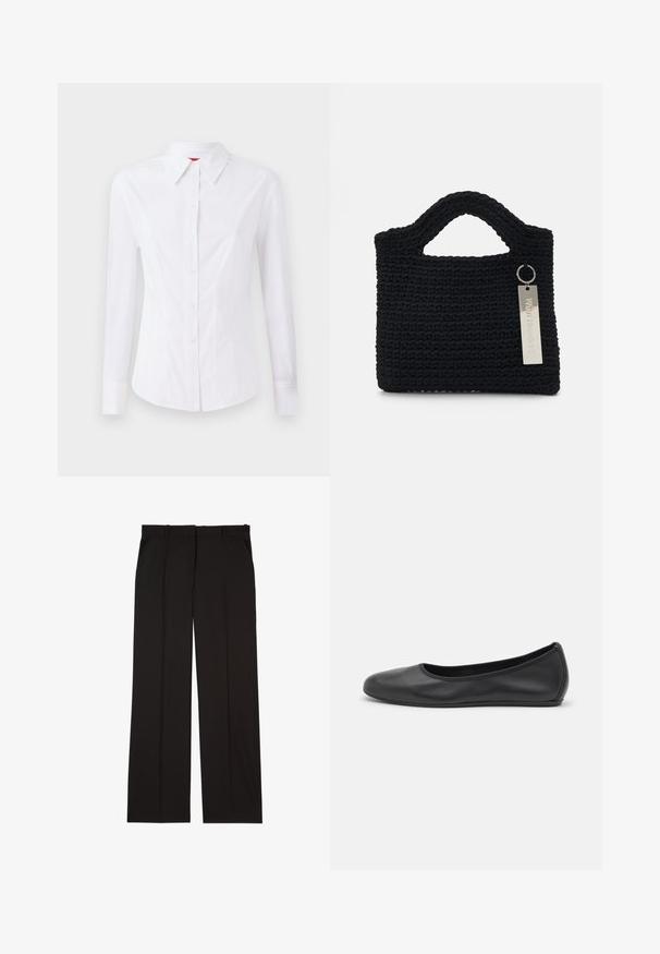 Weißes langärmliges Hemd mit spitzem Kragen, vorderem Knopfverschluss und taillierter Passform. Glattes Baumwollmaterial mit dezenten Stickdetails.; Schwarze, maßgeschneiderte Hosen aus einem glatten Stoff, mit geradem Bein und zwei Seitentaschen. Elegante und minimalistische Konstruktion.; Schwarze Leder-Ballettschuhe mit abgerundeter Spitze, glatter Textur, minimalen Nähdetails und einem flexiblen Sohlen-Design.; Won Hundred MARSIELLE COMPUTER BAG UNISEX - Notebooktasche - black