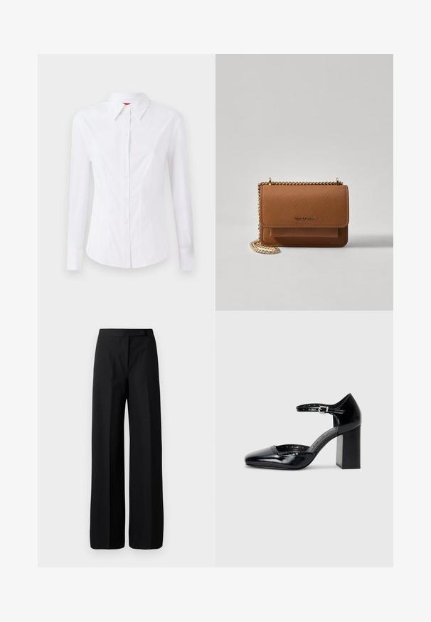 Hvit langermet skjorte med spiss krage, frontlukking med knapper og figurnær design. Glatt bomullsstoff med subtile søm detaljer.; Bredde ben sorte bukser med en glat, mat tekstur. Flad talje med ingen synlige hardware eller mønstre. Enkel og elegant design.; Sorte lakk lær høye hæler med firkantet tå, ankelrem og chunky hæl. Inkluderer perforerte detaljer langs kanten.; Brun teksturert lær crossover-veske med gullkjede-stropp og klaffelukking. Fronten har logo-detalj og en lomme under klaffen.