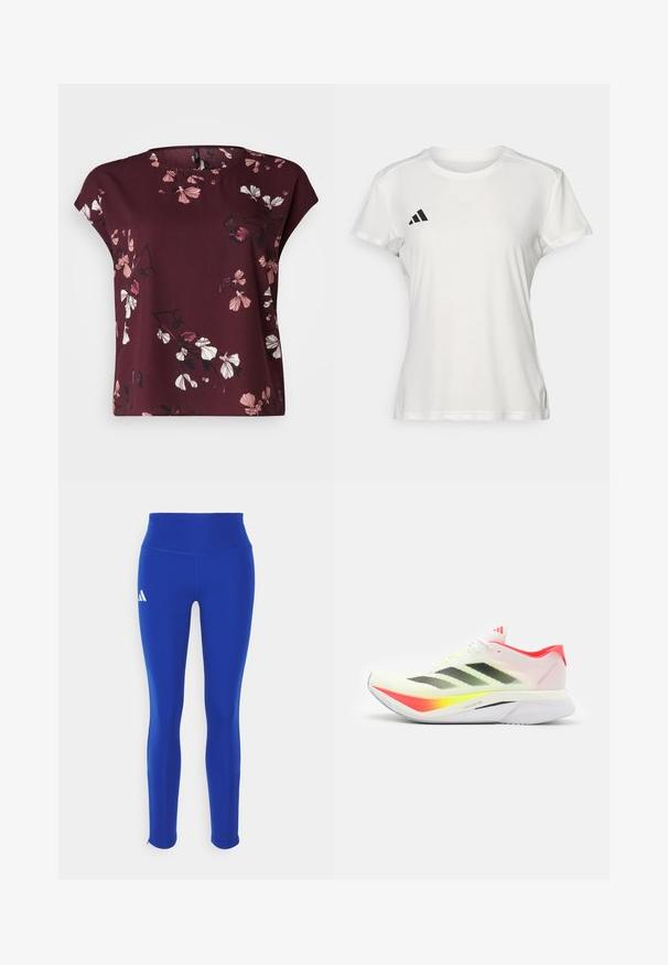 Vero Moda Curve VMNEWHALLIE NEW - Marškinėliai su spaudiniu - winetasting; Balta sportinė marškinėliai, pagaminti iš drėgmę praleidžiančios medžiagos. Trumpi rankoviai, apvalus iškirpimas, juoda logotipas ir trijų juostų emblema kairėje krūtinės pusėje.; Mėlynos sportinės legging'os su aukštu liemeniu, pagamintos iš tamprios medžiagos, su balta logotipu ant kairiojo klubų ir diskretiškomis siūlėmis.; Bėgimo bateliai su lengva balta tinkline viršūne, juodais dryžiais, neoninės geltonos spalvos akcentais, rožiniu kulnu ir išlenktu baltu padu.