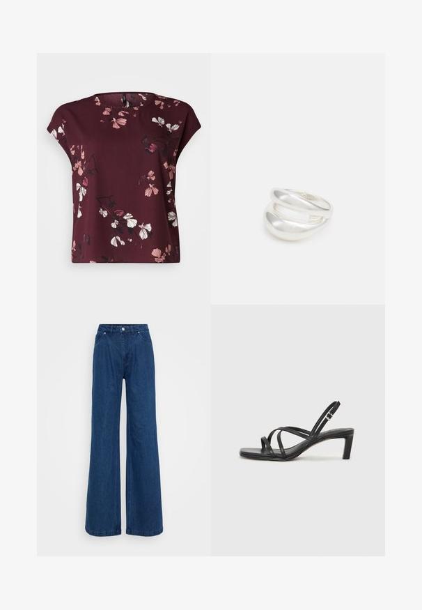 Vero Moda Curve VMNEWHALLIE NEW - T-Shirt print - winetasting; Weite blaue Jeans mit hoher Taille, vorderem Knopf- und Reißverschlussverschluss sowie Vorder- und Hintertaschen vor einem schlichten Hintergrund.; Schwarze Sandale mit Riemchen, quadratischer Zehenform und niedrigem Blockabsatz. Verfügt über mehrere dünne Riemen und einen verstellbaren Knöchelriemen. Hergestellt aus glattem Leder.; Silberner Doppelring mit einer glatten, polierten Oberfläche. Verfügt über ein fließendes, kurviges Design mit überlappenden Abschnitten für einen modernen Look.