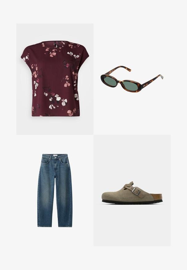 Vero Moda Curve VMNEWHALLIE NEW - Print T-shirt - winetasting; Dark blue denim jeans with a straight leg, five-pocket design, and a classic button closure. Soft texture with subtle fading.; Suede clogs in light olive green with a molded cork and rubber sole. Features a side strap with a metal buckle and a rounded toe.; Tortoiseshell sunglasses with oval frames and green lenses. Features thin arms with a metallic accent near the hinges.; Silver metal earrings with a wavy, sculptural design featuring a polished finish and irregular shapes, highlighting a contemporary aesthetic.