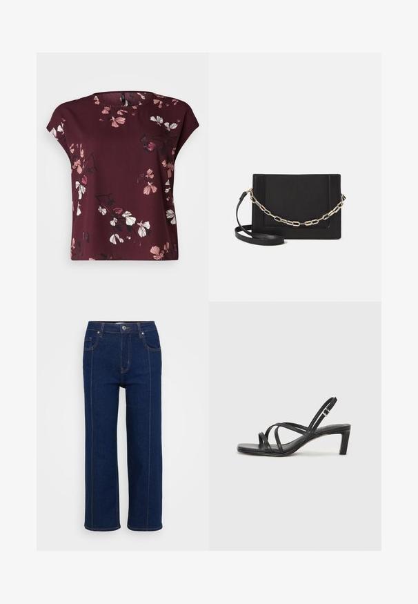 Vero Moda Curve VMNEWHALLIE NEW - T-shirt imprimé - winetasting; Jeans droit bleu marine avec fermeture à bouton, poches avant et arrière, et coutures orange visibles le long des coutures.; Sandale noire à lanières avec un bout carré et un petit talon bloc. Elle présente plusieurs fines lanières et une sangle de cheville ajustable. Fabriquée en cuir lisse.; Sac bandoulière en cuir noir avec une texture lisse, de forme rectangulaire et un détail en chaîne métallique à l'avant. Sangle réglable incluse.